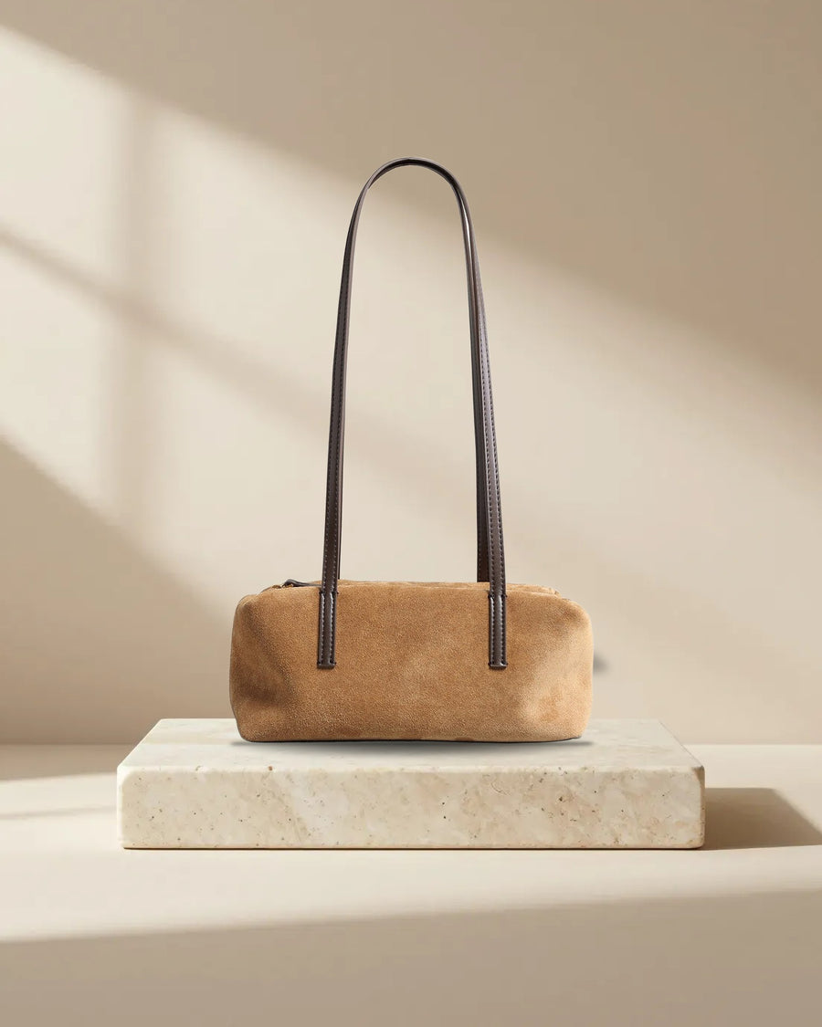 Structured Suede Leather Bowling Bag in Camel