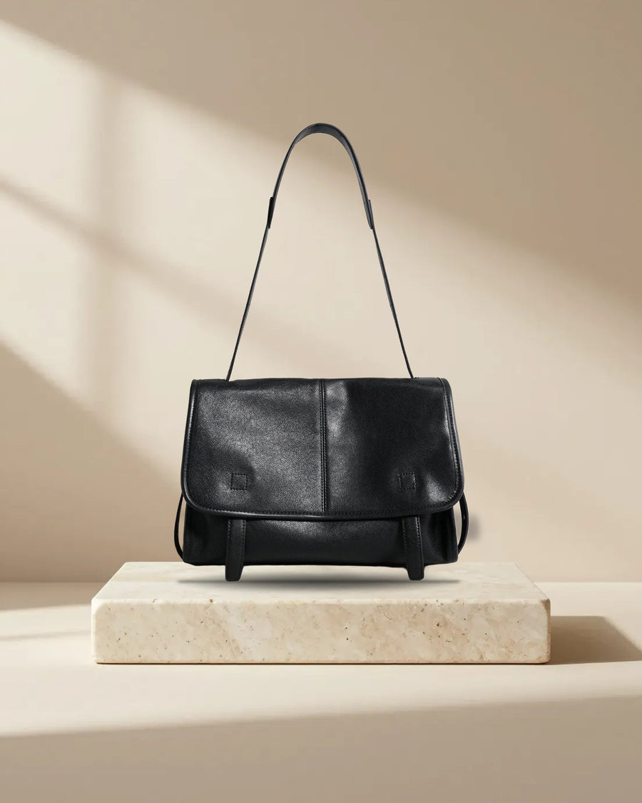 Vintage Leather Flap-Top Messenger Bag in Black