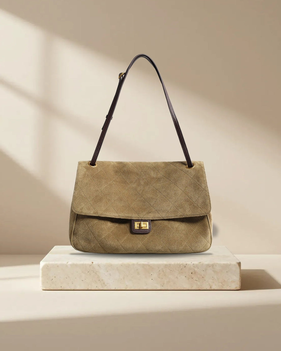 Vintage Quilted Suede Underarm Bag in Khaki