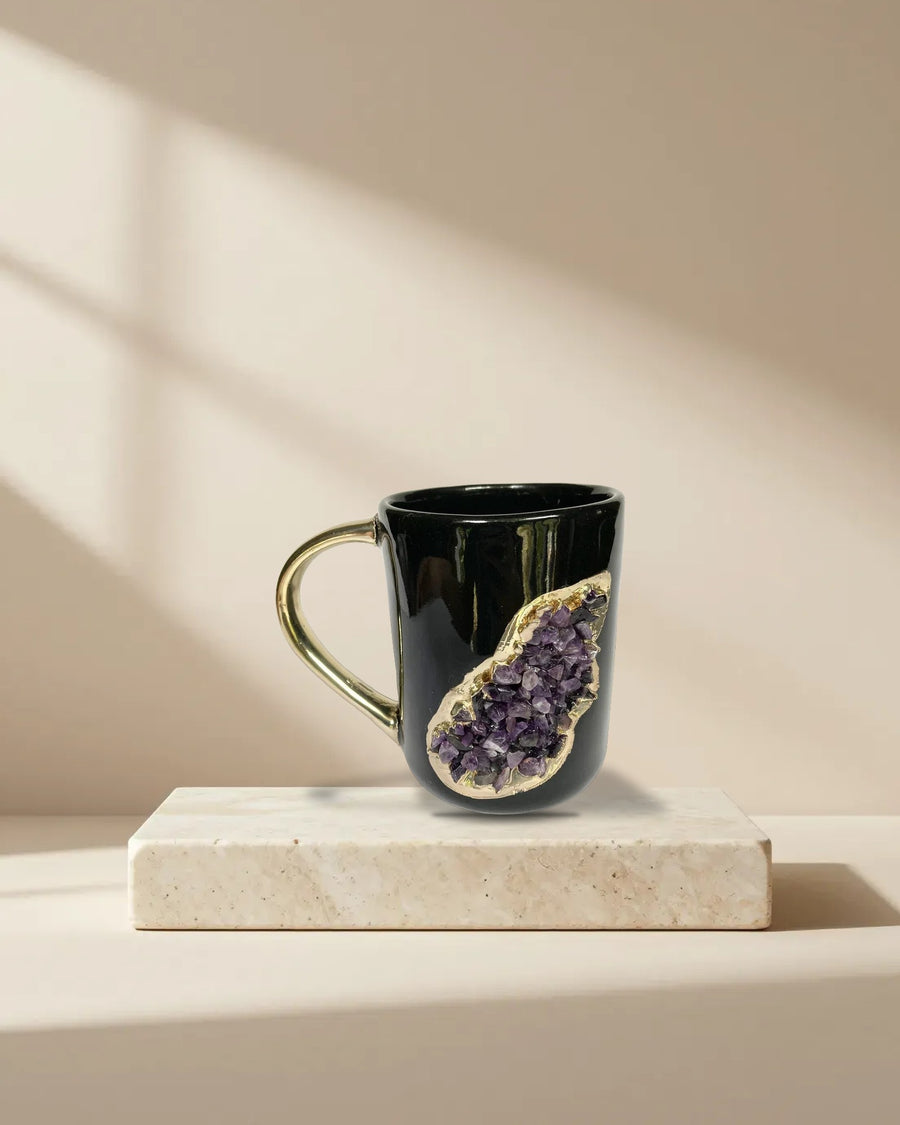 Wave Black Ceramic Mugs with Crystal Teardrop, 12 oz