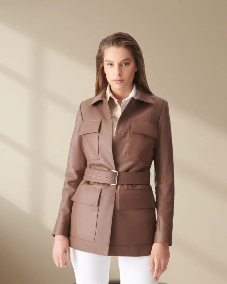 Women’s Brown Belted Leather Coat