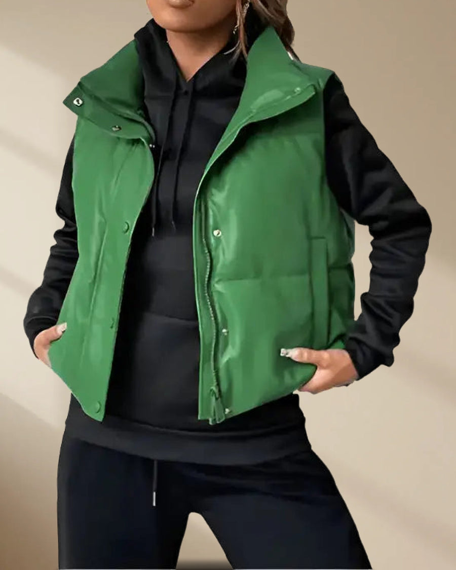 Women’s Green Puffer Leather Vest