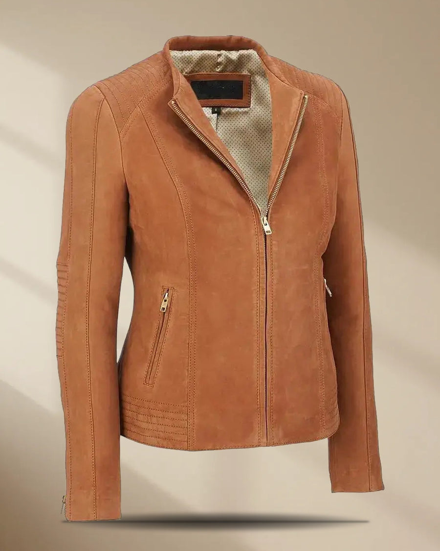 Women’s Suede Leather Motorcycle Jacket in Brown