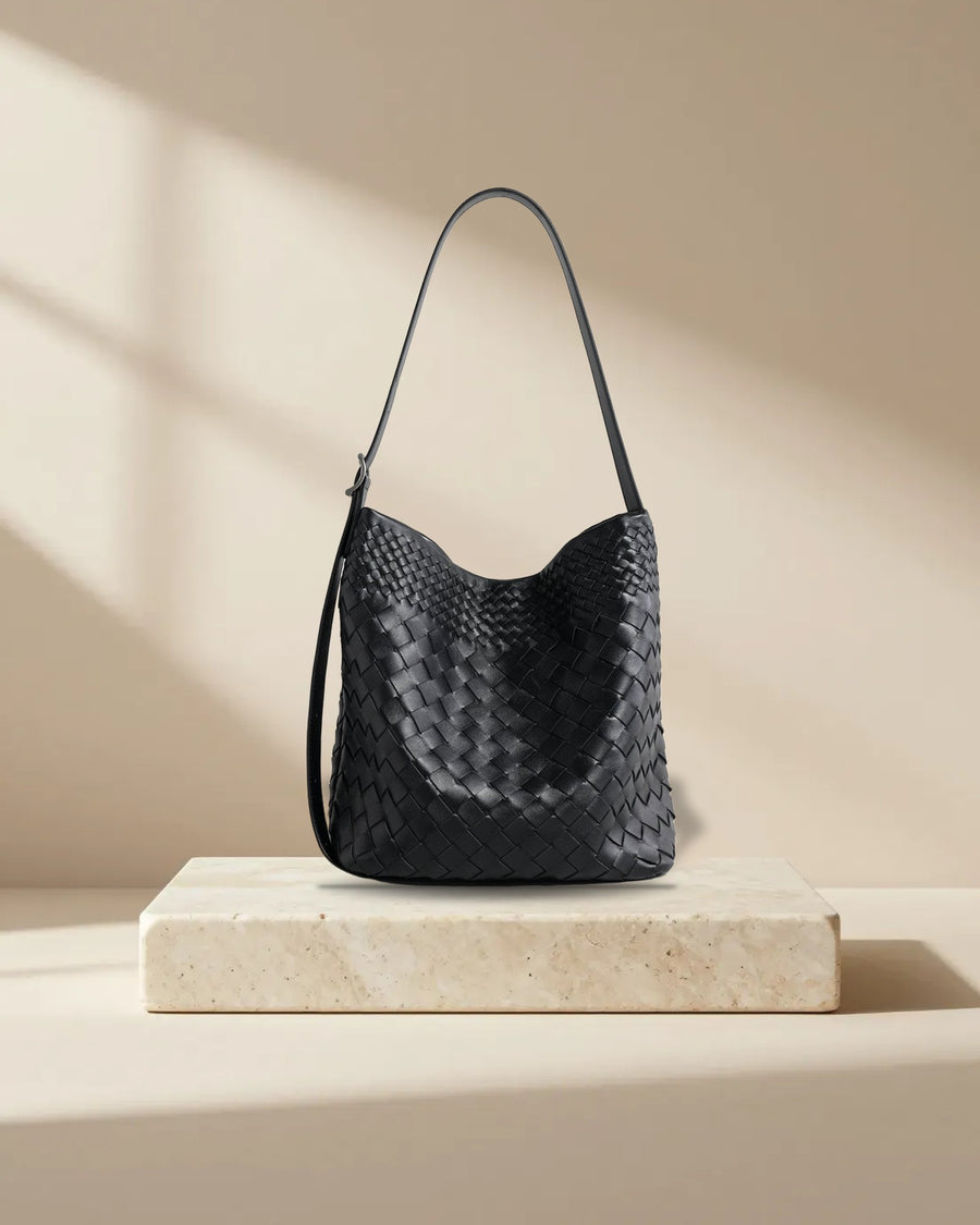 Woven Sheepskin Leather Bucket Bag in Black