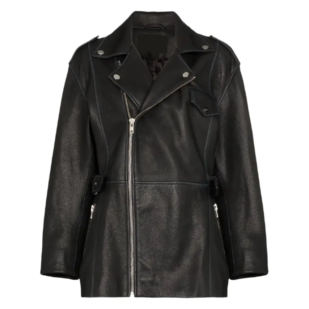 Women’s Black Leather Long Jacket, picture 2 of 5