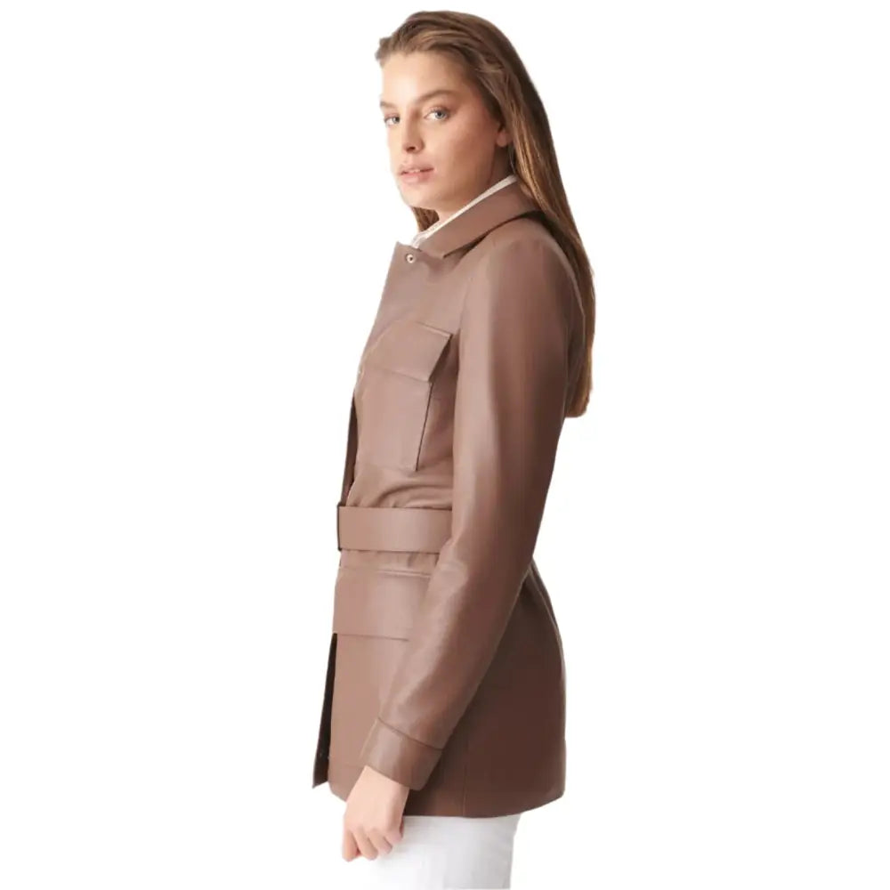 Women’s Brown Belted Leather Coat, picture 3 of 4