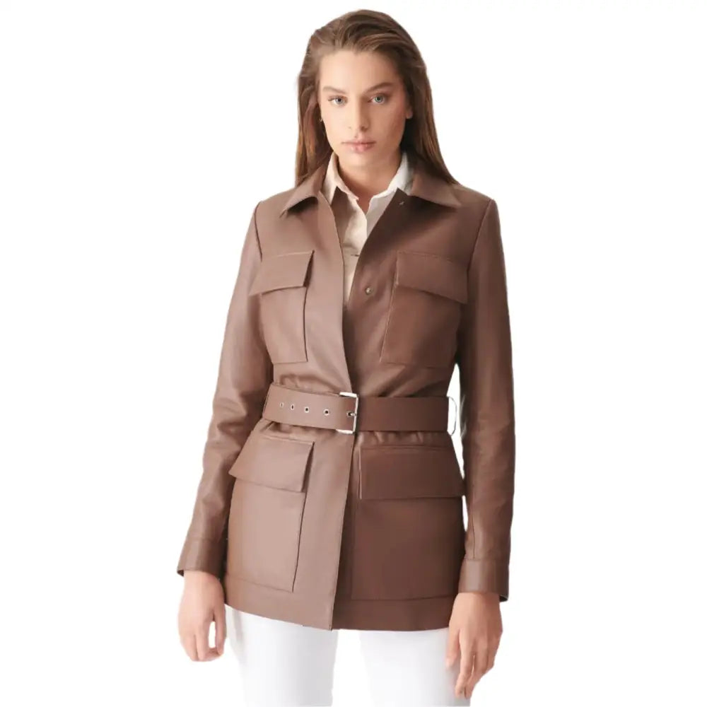 Women’s Brown Belted Leather Coat, picture 2 of 4